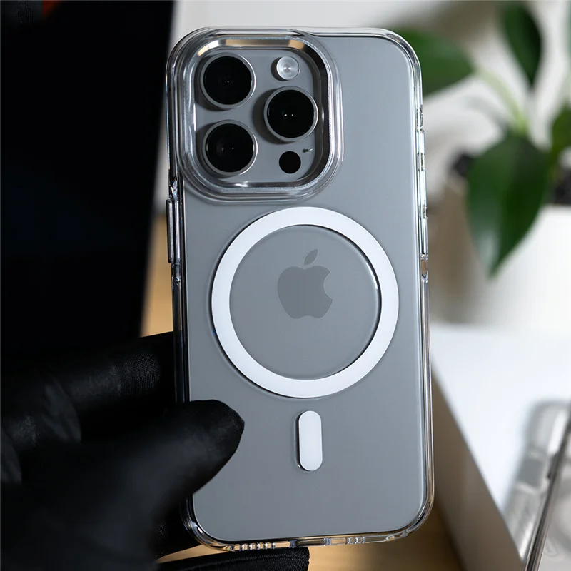 Transparent Wireless Charging Magsafe Case for iPhone 16 15Pro 14 16Pro max Alloy Lens Clear Shockpr