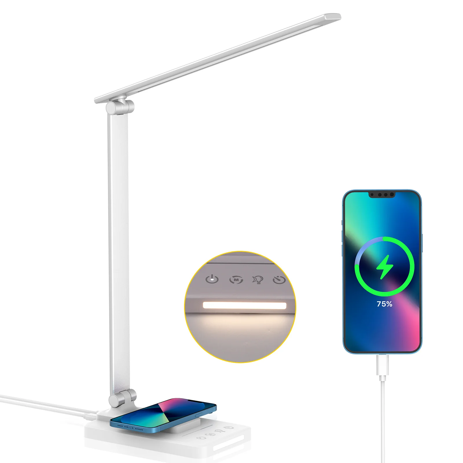 Wireless Charger Pad LED Desk Lamp Temperature Alarm Clock Eye Protect Study Business Light Table Lamp 10W Fast Charging Station