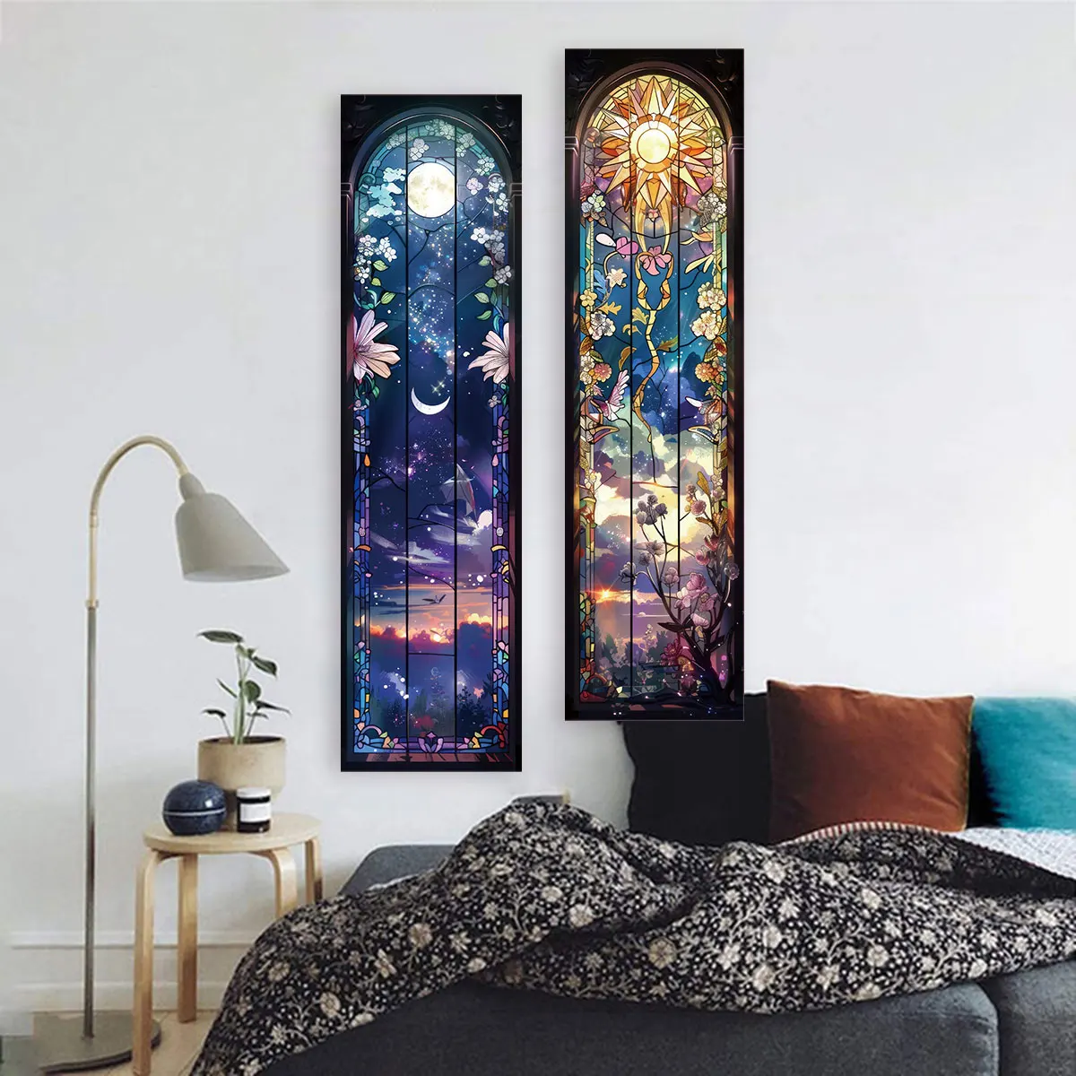 Day and Night Glass Window Tapestry Wall Hanging  Floral & Plants Moon Starry Sky Wall Decoration Sun Tapestry Home Room Decor
