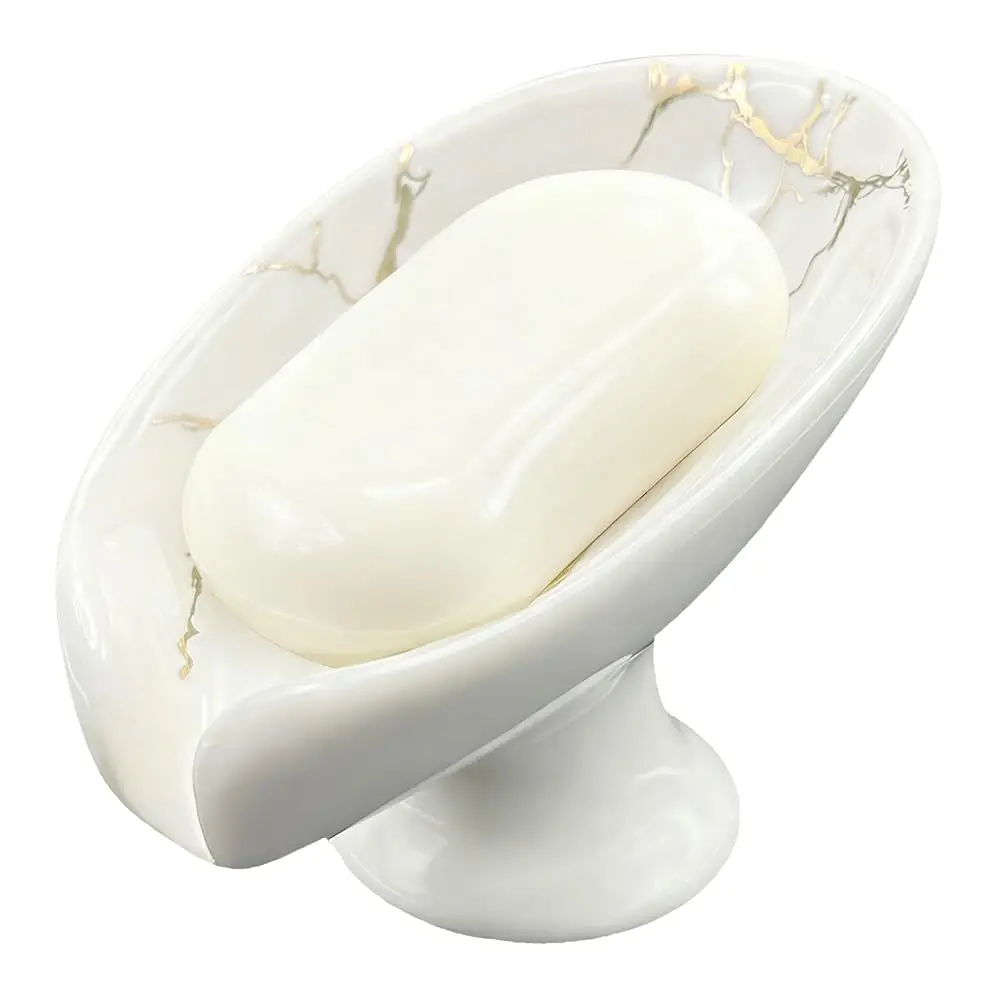 

Самоотводящаяся мыльница для душа, ванной и кухни - белая керамическая подставка для мыла с золотым мраморным узором, сохраняет мыло сухим.