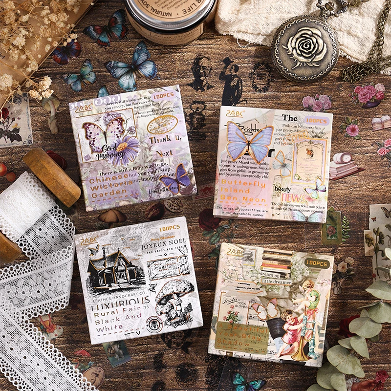 100pcs/Box Vintage Time-themed PET Stickers,Waterproof Stickers With Different Designs,For Cards And Scrapbook Decoration