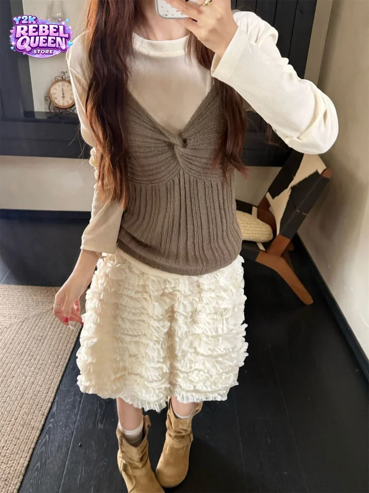 

Coquette Korean Fashion 3 Piece Set Women Slim Fit Twist Knot Cami Top Long Sleeve Tee Mesh Ruffle Cake Skirt Casual Daily Outfi