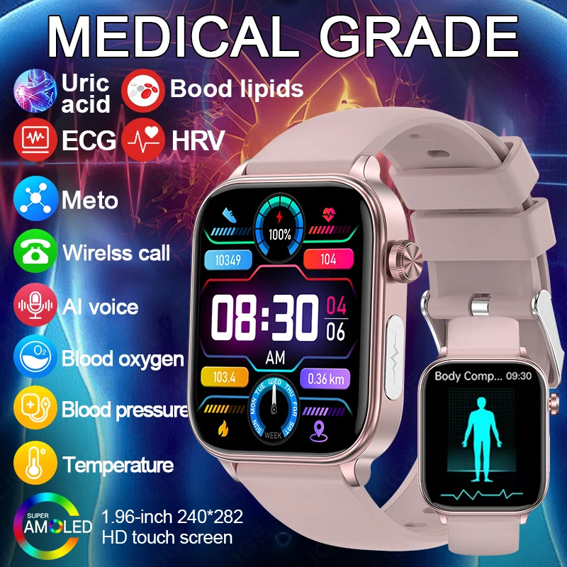 New ECG+PPG Medical Grade Smart Watch Women Blood Lipid Uric Acid Monitor SOS Bluetooth Call Watches Sport Health Smartwatch Men