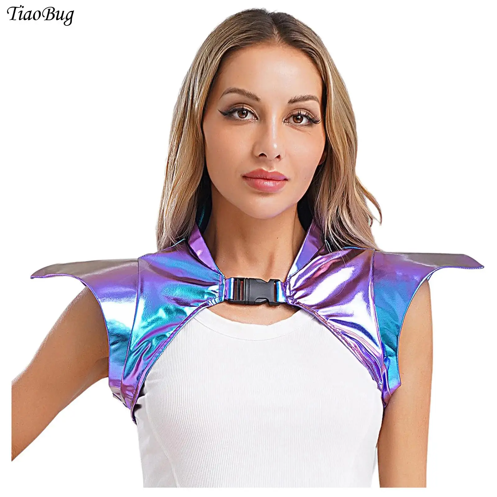 

Women Metallic Shiny Gothic Armor Shrug Steampunk Shoulder Epaulet Collared Alien Robot Astronaut Crop Top Halloween Dress Up