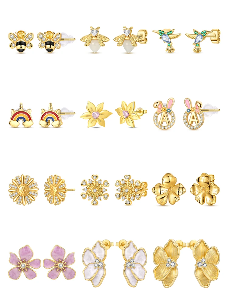 Original 925 Sterling Silver Stud & Clip On Earrings Maple Dragonfly Sunflower Owl Heart Zircon Jewelry Gifts for Women Girls