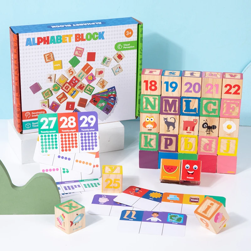 Large Wooden Alphabet Number Building Blocks Kids ABC Counting Recognition Montessori Early Cognitive Educational Toy