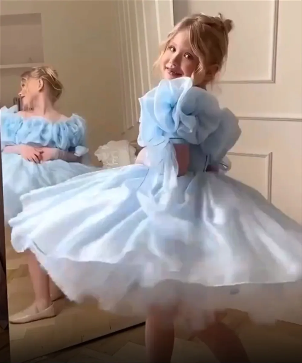 فستان فتاة الزهور الجنية لحفلات الزفاف بدون أكتاف مكشكش مع فيونكة منتفخة فستان التواصل الأول للفتيات لحفلات أعياد الميلاد