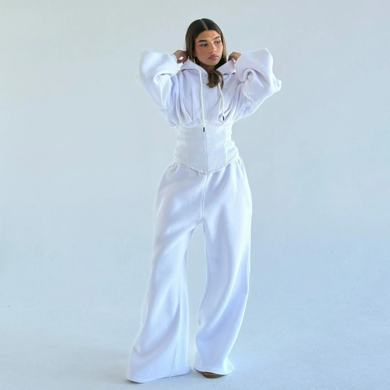 Slimming Waist Drawstring Hooded Top Wide-leg Pants Two-piece Set for Women New Fashion Cross-border Women Clothing 2026 Autumn