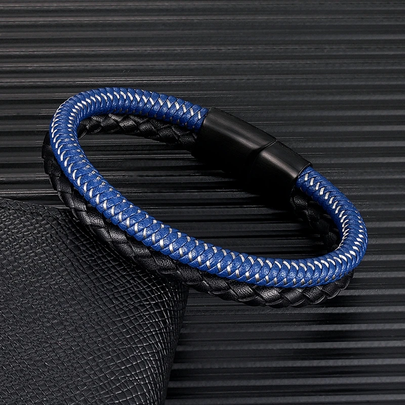 MKENDN Men's Simple Style Leather With Blue Stainless Steel Stitching Combination Bracelet Black Buckle Wristband Bangle Gifts