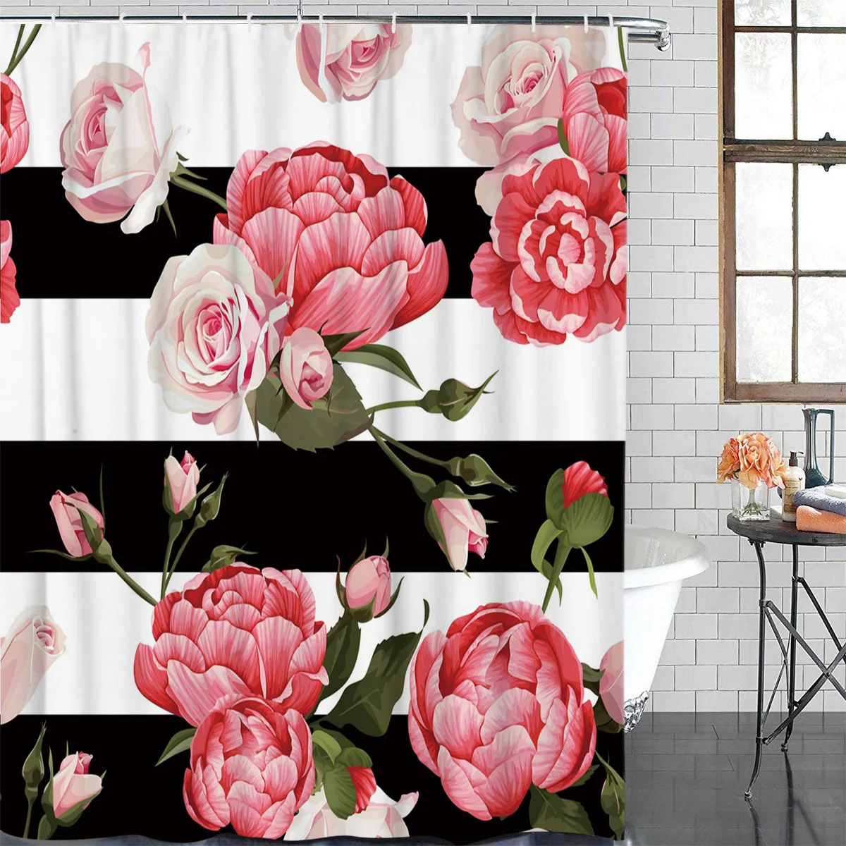 Peony Rose Pink Flower Black And White Stripes Waterproof Shower Curtain With Hook Bath Curtains Bathroom Decoration Accessories