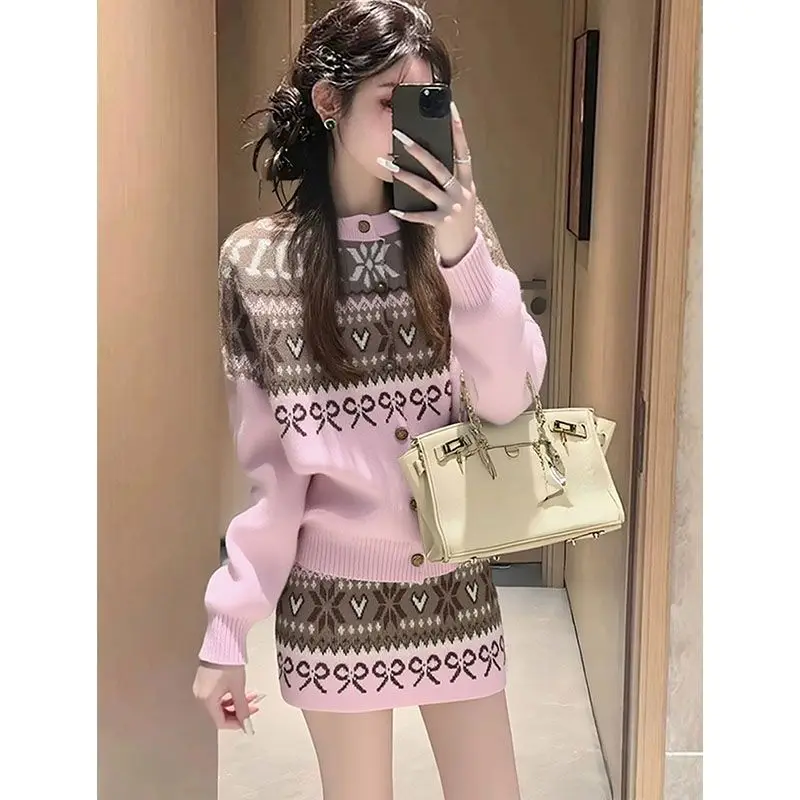 Blouse Skirt Two-piece Set Women Autumn Jacquard Knitwear New Comfortable Minimalist Fashionable Niche Versatile Elegant Unique