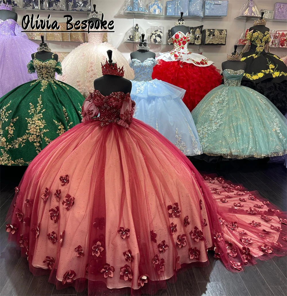 Robes de Quinceanera rouges à manches bouffantes courtes avec appliques florales perlées, robe de Rh, robe de soirée de mariage mexicaine, dimension vieillissante, Sweet 15, 16