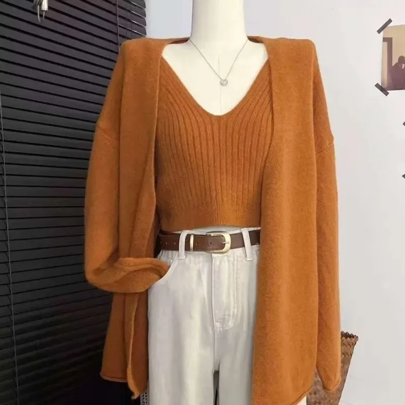

Women's Spring Autumn Knit Cardigan Vest Two Piece Set Lady Casual Daily Joker Solid Sweater Coat Tank Tops Knitwear Female