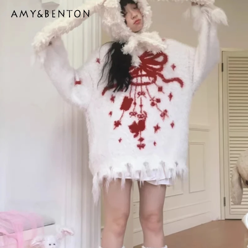 

Original Design Cute Bow Wind Chime Jacquard Women's Sweater 2025 Winter Loose Versatile Faux Mink Fur Pullover Sweaters Ladies