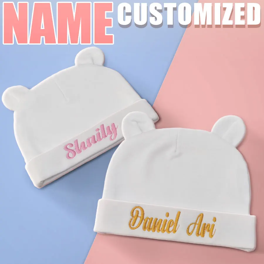 

Personalized Baby Name Newborn Cotton Beanie with Ears Boys Girls Warm Hat Gift 0-6M Infant Baby Daily Caps