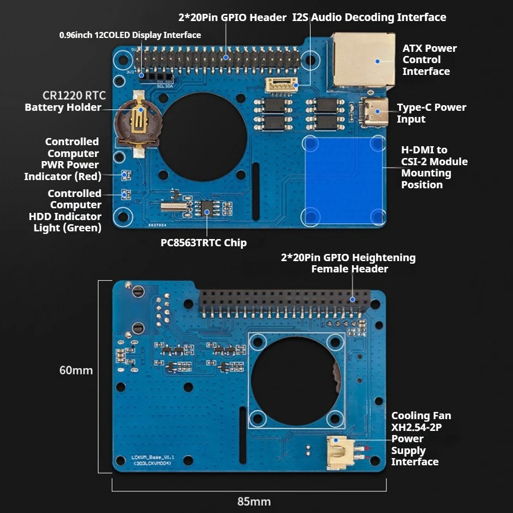 1PC LCKVM Remote Control Expansion Board ATX Power Control 0.96 Inch OLED CR1220 RJ45 Type-C With Fan Mount LED Status Indicator