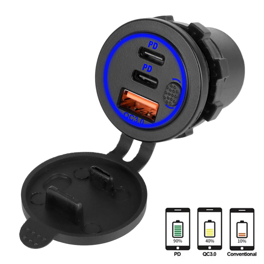 مقبس شاحن USB مزدوج مقاوم للماء ، 12-24 فولت ، 75 واط ، منفذ ، QC ، سيارة ، قارب ، مفتاح طاقة