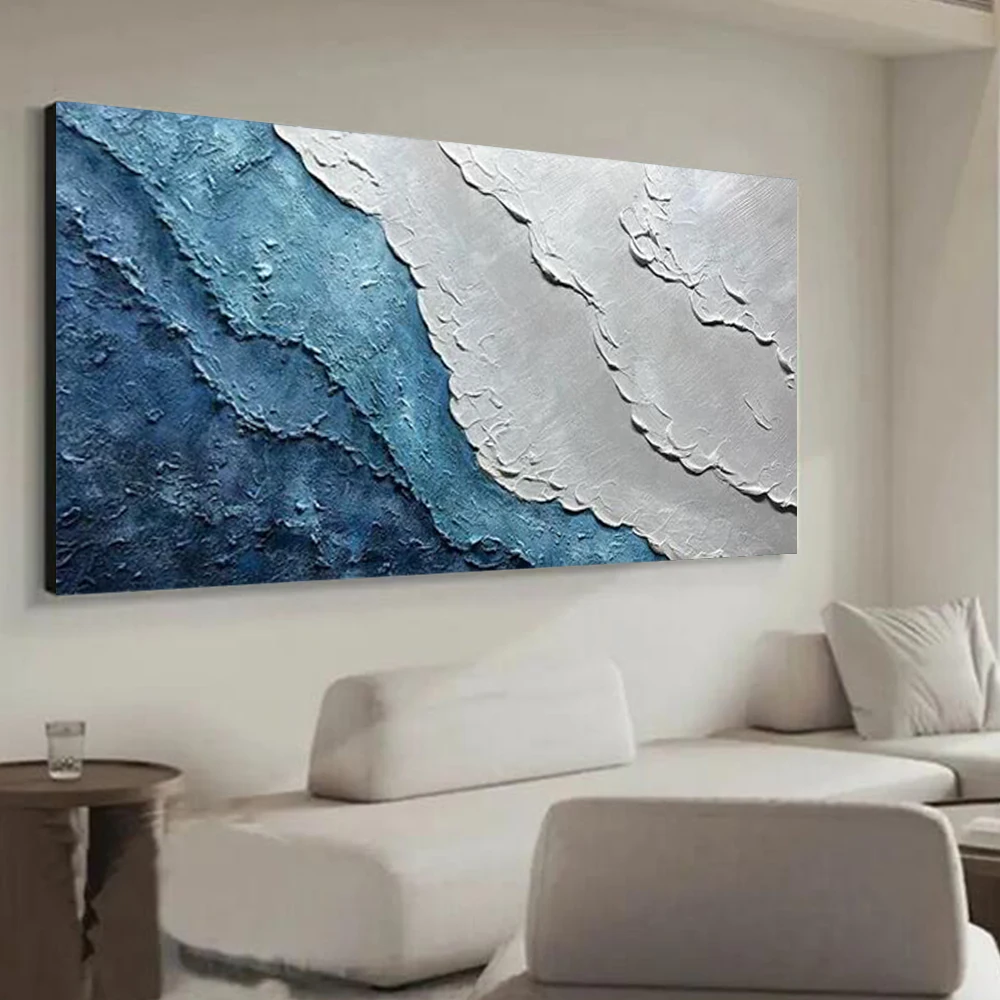 100% Handmade Abstract Oil Painting Blue And Orange Red Rendered Sea View Wall Art Picture For Home Living Room Decor Image Gift