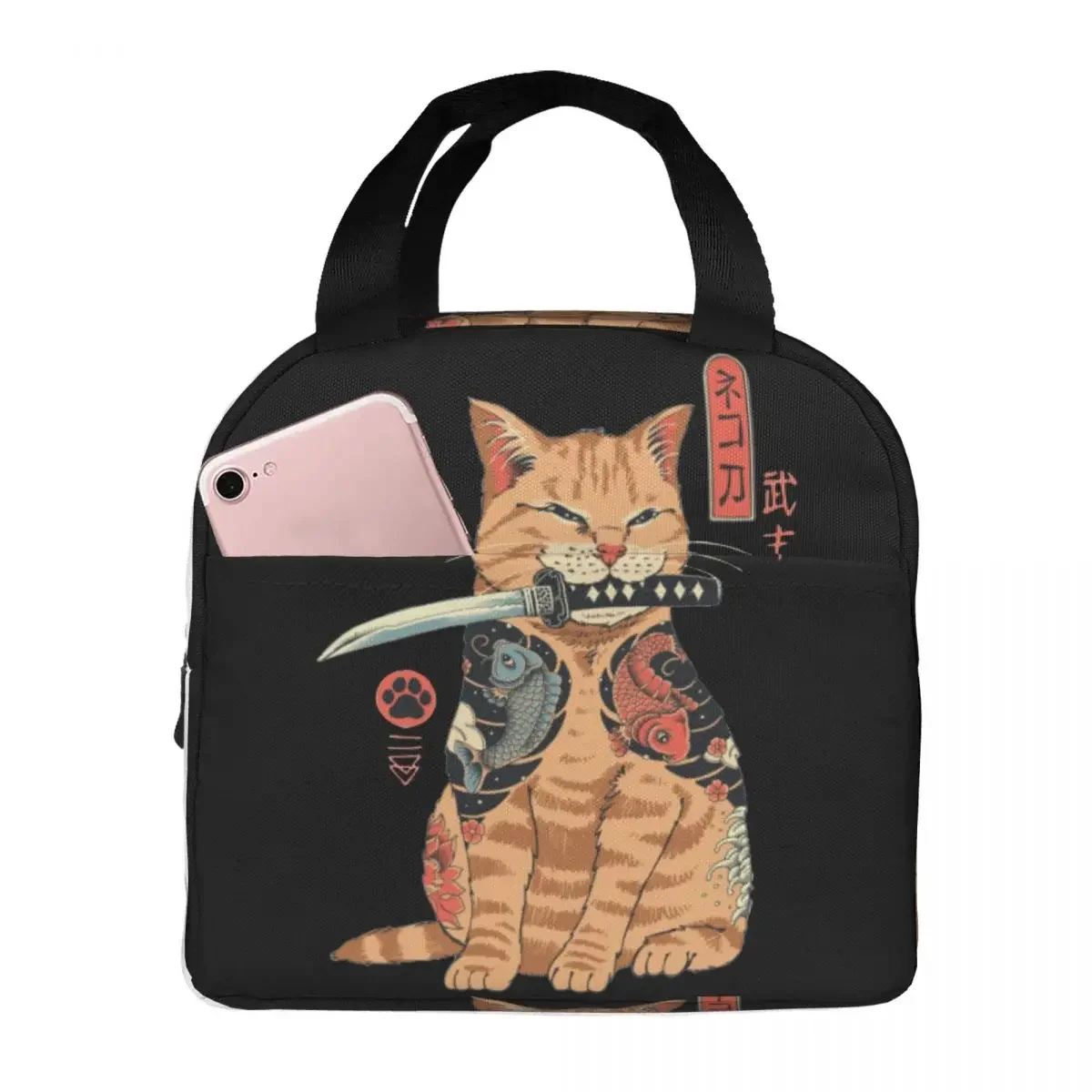 Catana Cat Insulated Lunch Bag Portable Japanese Japan Retro Samurai Yakuza Reusable Thermal Bag Tote Lunch Box Food Storage Bag