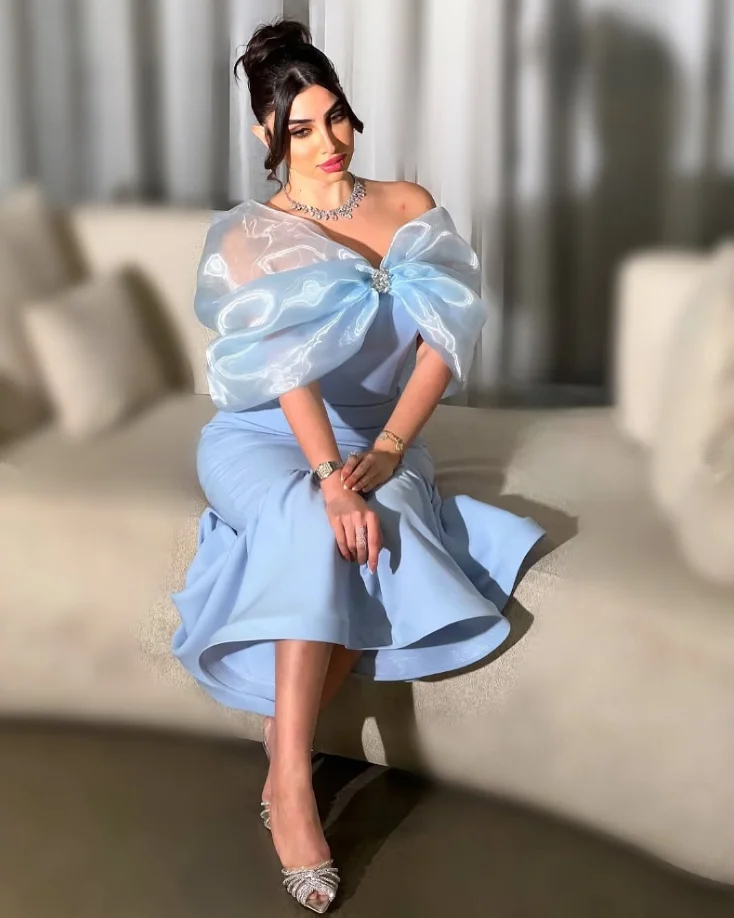 Небесно-голубые вечерние платья длиной до щиколотки Фея с открытыми плечами Саудовская Аравия Платье для гостей на свадьбу по индивидуальному заказу