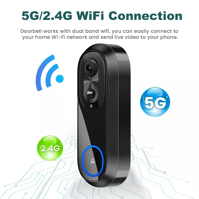 IP65 bel pintu Video WiFi 5G 2.4G, bel pintu kamera interkom tanpa kabel rumah pintar 1080P Tuya tahan air