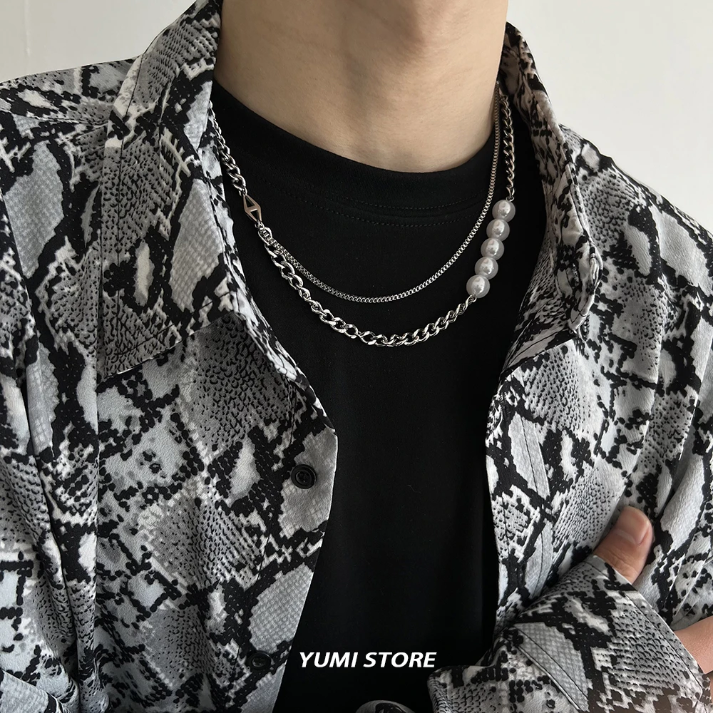Hip Hop Double Layer Pearl Necklace for Man Woman Titanium Steel Splicing Clavicle Chain Unisex Choker Jewelry Kpop Accessories