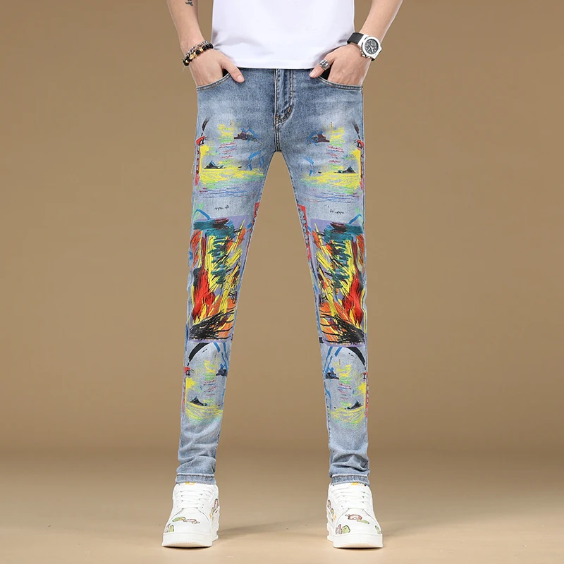 

2024 New high-end jeans for men with slim fit and small feet, trendy street printed casual elastic denim pants