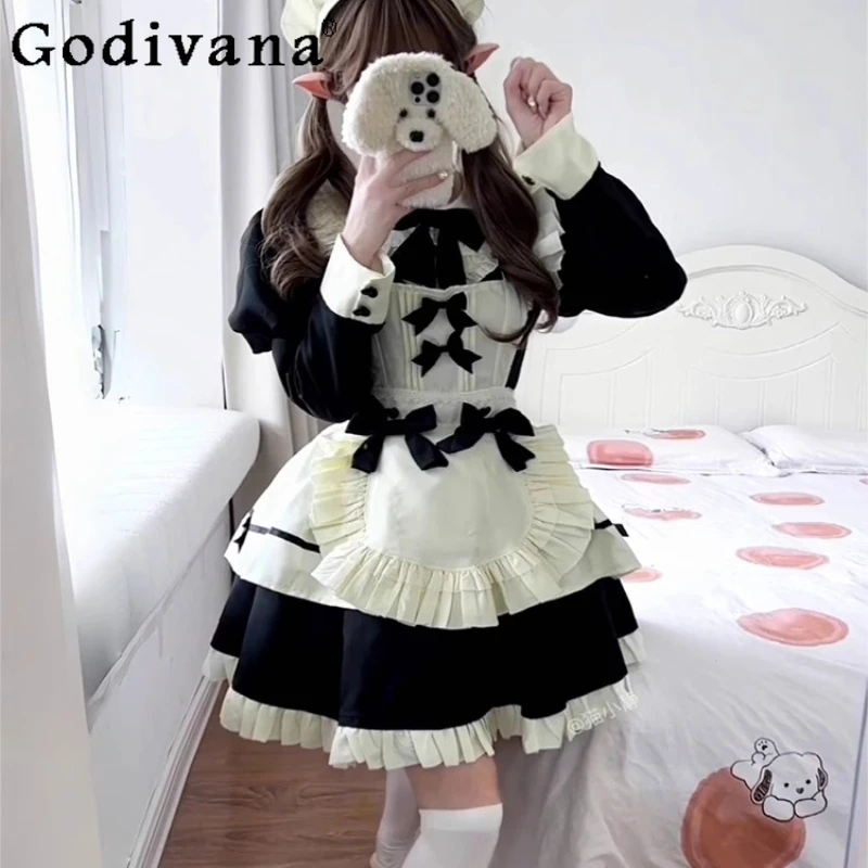 

L-5XL Large Size Elegant Lolita Black White Long Sleeve Daily Short Japanese Dress Sweet Bow Ruffles Cute Leisure Long Dresses