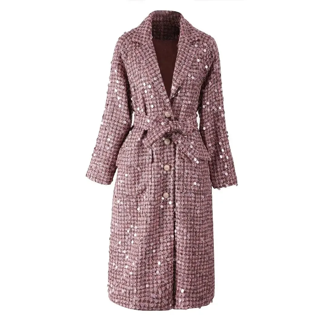 

Elegant Pink Trench Coat Spring Autumn New Fashion Design Women Runway High Street Pink Plaid Weaved Sequined Pockets