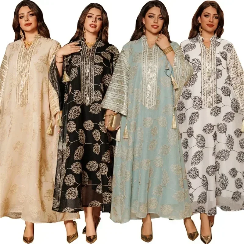 Robe Maxi Brodée à Paillettes pour Femme Musulmane, Tenue Décontractée pour le Ramadan, Dubaï