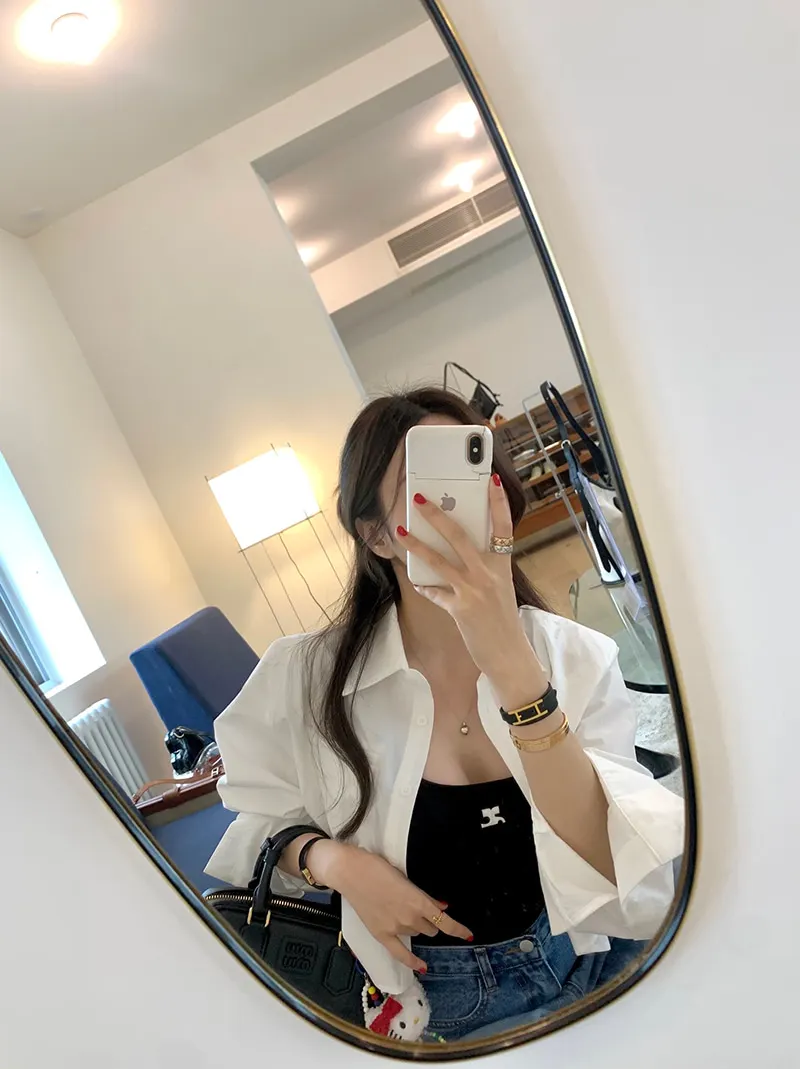 

Chic ort Women's irt Collar Loose Slimming High Waist ket Splicing oulder Pad Casual Cotton Top