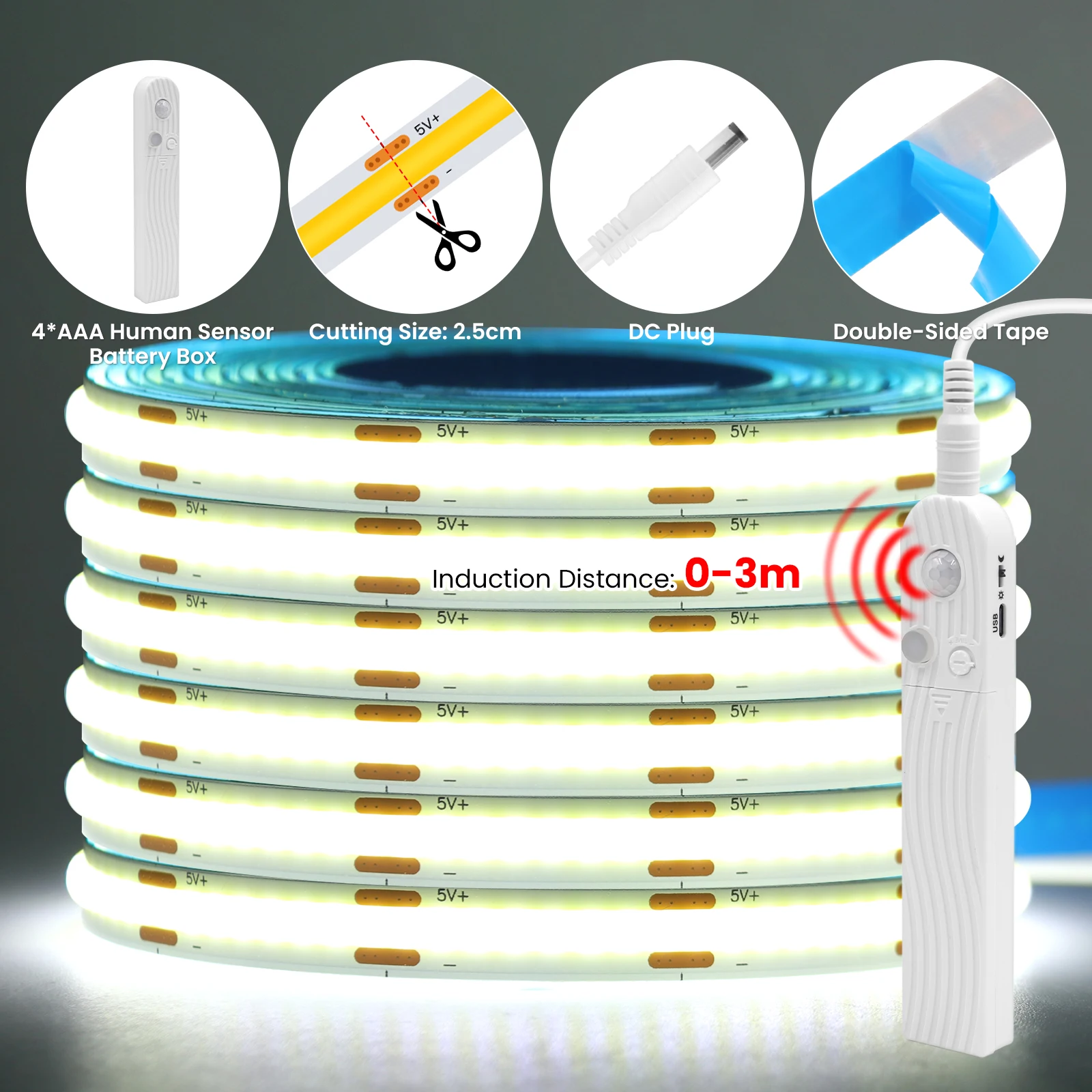 Motion Sensor Dimmerable COB Strip DC 5V 320Leds/M White/Red/Ice Blue/Pink/Yellow 0.5M-5M TV Backlight Ribbon Rope LED Light