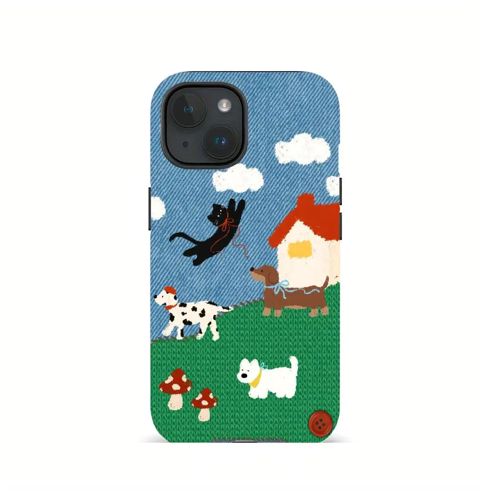 Knitted mushroom cat pattern phone case suitable for iPhone 17 16 15 14 13 12 11 Pro/Max/Plus anti drop 2-in-1 back cover