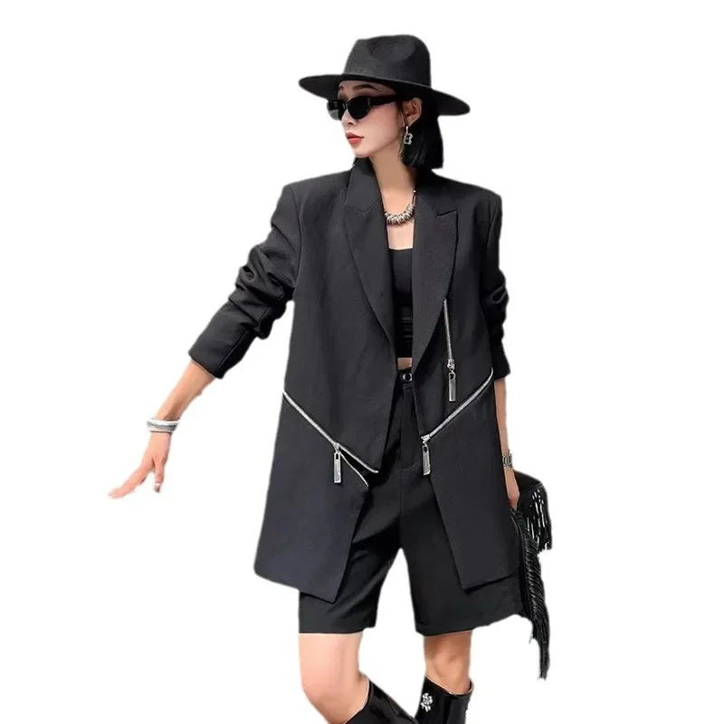 

SuperAen European Black Zipper Niche Design Sense Suit Jacket Autumn 2023 New Fashion Women's Blazer Jacket