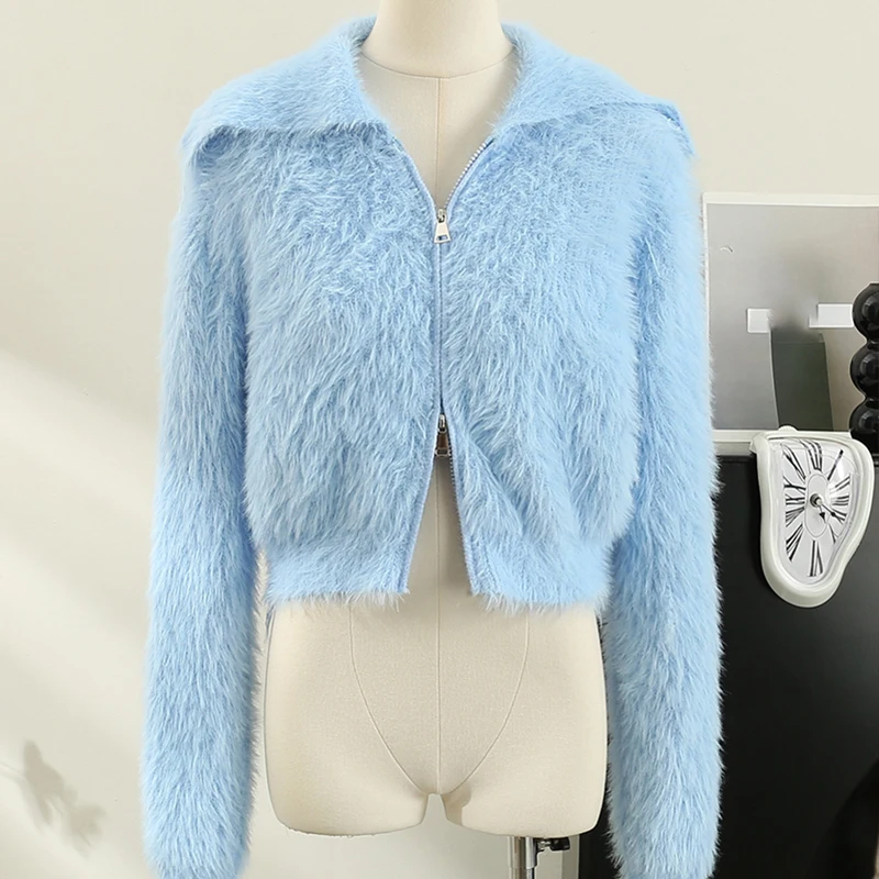 Female Outerwear Top Loose Zipper Sweater With Turn-down Collar Spring And Autumn Women's Versatile Fluffy Knitted Cardigan