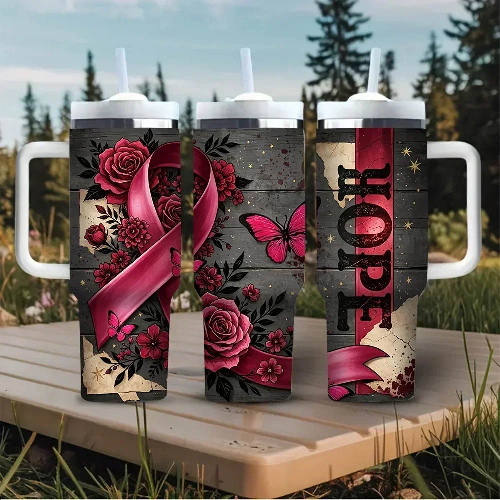 40oz Tumbler with Handle, Hope Pink Ribbon Rose Butterfly Print, Ideal for Breast Cancer Awareness Supporters, Holds Hot And Cold Drinks for Daily Outdoor Travel Camping Use