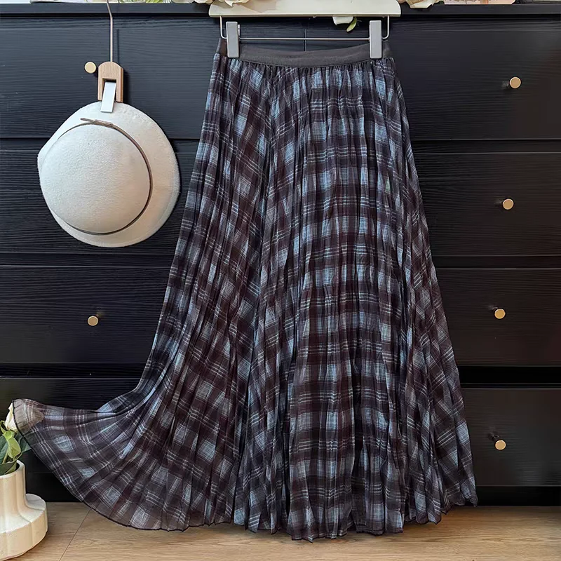 تنورة كلاسيكية منقوشة للسيدات عالية الخصر ذات ثنيات متدفقة على شكل حرف a تنورة ماكسي كتلة الألوان تنورة فتاة سوينغ لخريف 2025