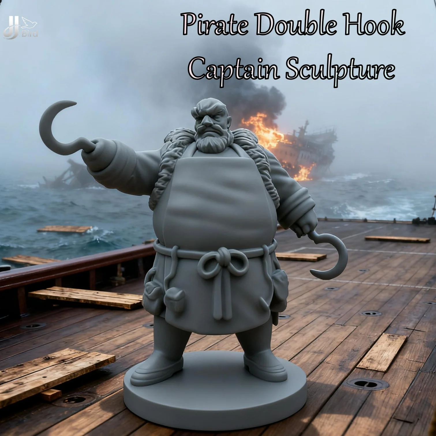 1pc Iron Hook Conqueror Sculpture, Double Hook-Armed Pirate Commander. Weathered Battle Damage & Detailed Gear.