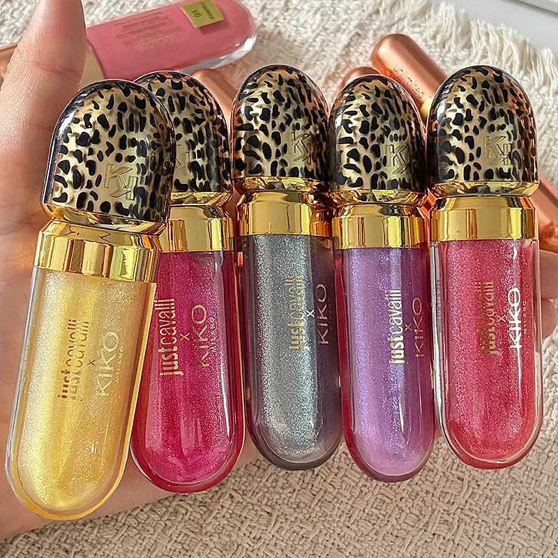 Original Kiko Leopard Print Outer Packaging 3D Mirror Lip Glaze Purple Fine Shimmer Moisturizing Lipstick Pure Seductive Makeup