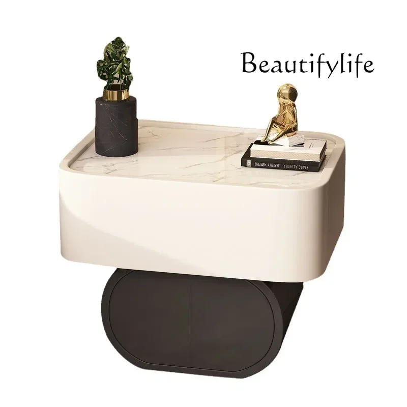 

z.Installation-free Bedside Table Modern Simplicity Light Luxury High Sense Round Rock Slab Minimalist Bedside Small Cabinet Cre