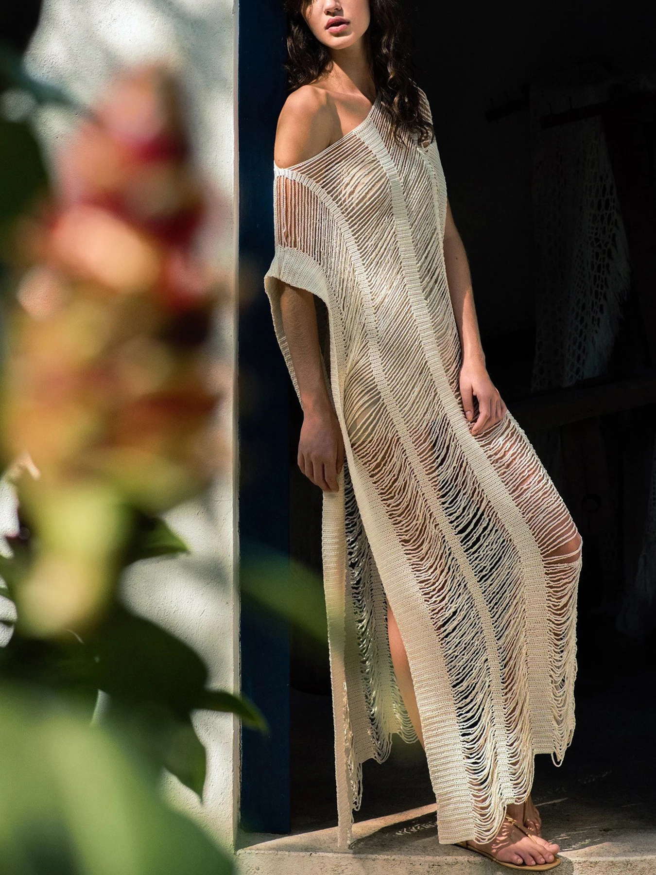 

Однотонное сексуальное вязаное крючком пляжное платье с боковым разрезом, женское бикини, длинное платье, 2024, летнее пляжное платье, женская пляжная одежда