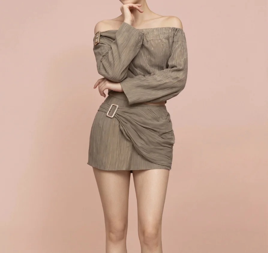 

Two Piece Set Women Outfit 2026 Spring Summer New Solid Color Sexy Off Shoulder Long Sleeved Top & High Waist Short Skirt Set