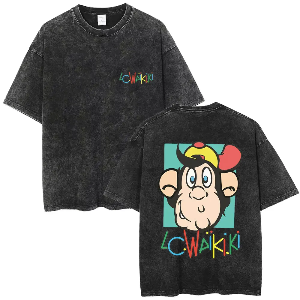 Washed Vintage Lc Waikiki Monkey Graphic T-shirt Anime Monkey Funny T-shirts Men Women Clothing Casual Cotton Oversized T Shirts