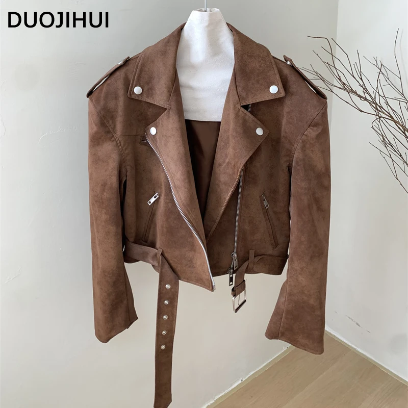 DUOJIHUI Brown Vintage PU Chic Belt Women Jackets American Loose Simple Casual Fashion Zipper Solid Color Winter Female Jackets