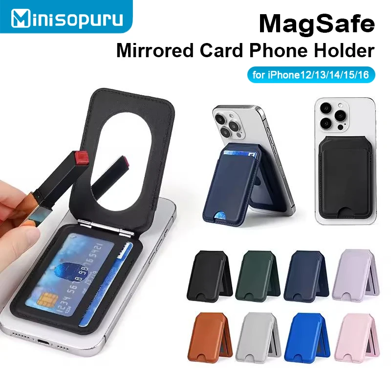 

Minisopuru Magnetic Leather Wallet Phone Holder with Mirror Removable Foldable Card Case for MagSafe iPhone 16 15 14 13 12Serie