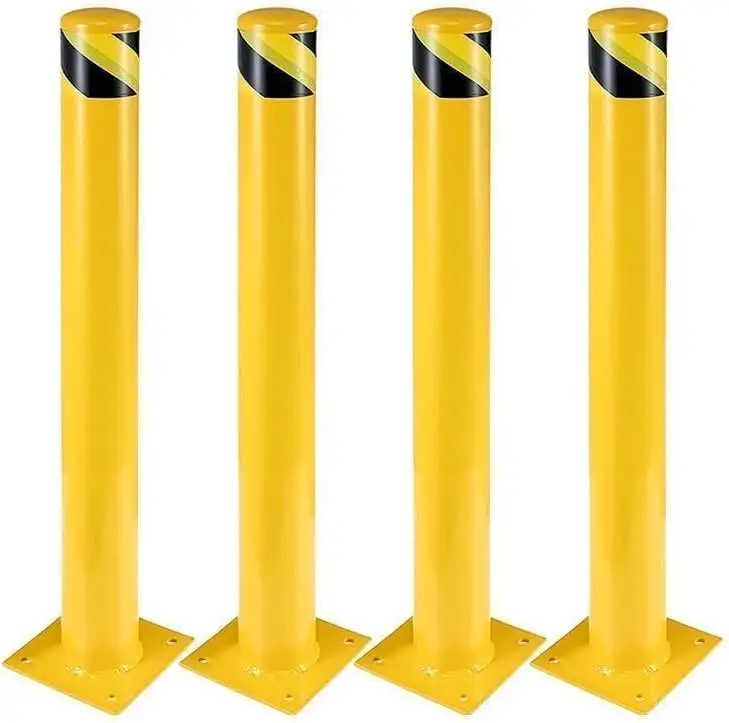 Steel Safety Bollards For Driveway Barrier, Heavy Duty Parking Bollard Post With Anchor Bolts, Yellow High Visibility Traffic Control Guard, Commercial Storefront Protection Barrier, Four Pack