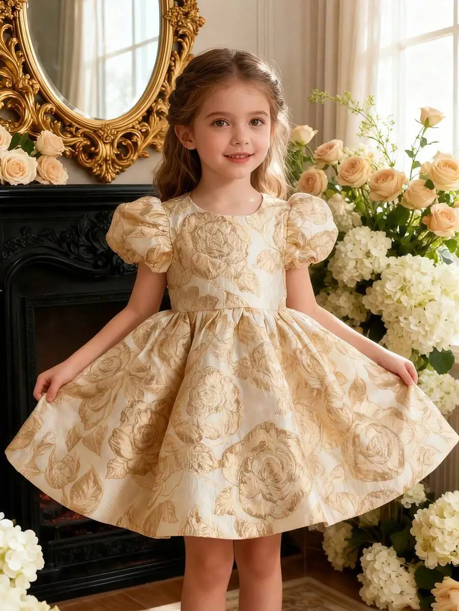 

Elegant Floral Jacquard Petal Sleeve Party Dress For Women