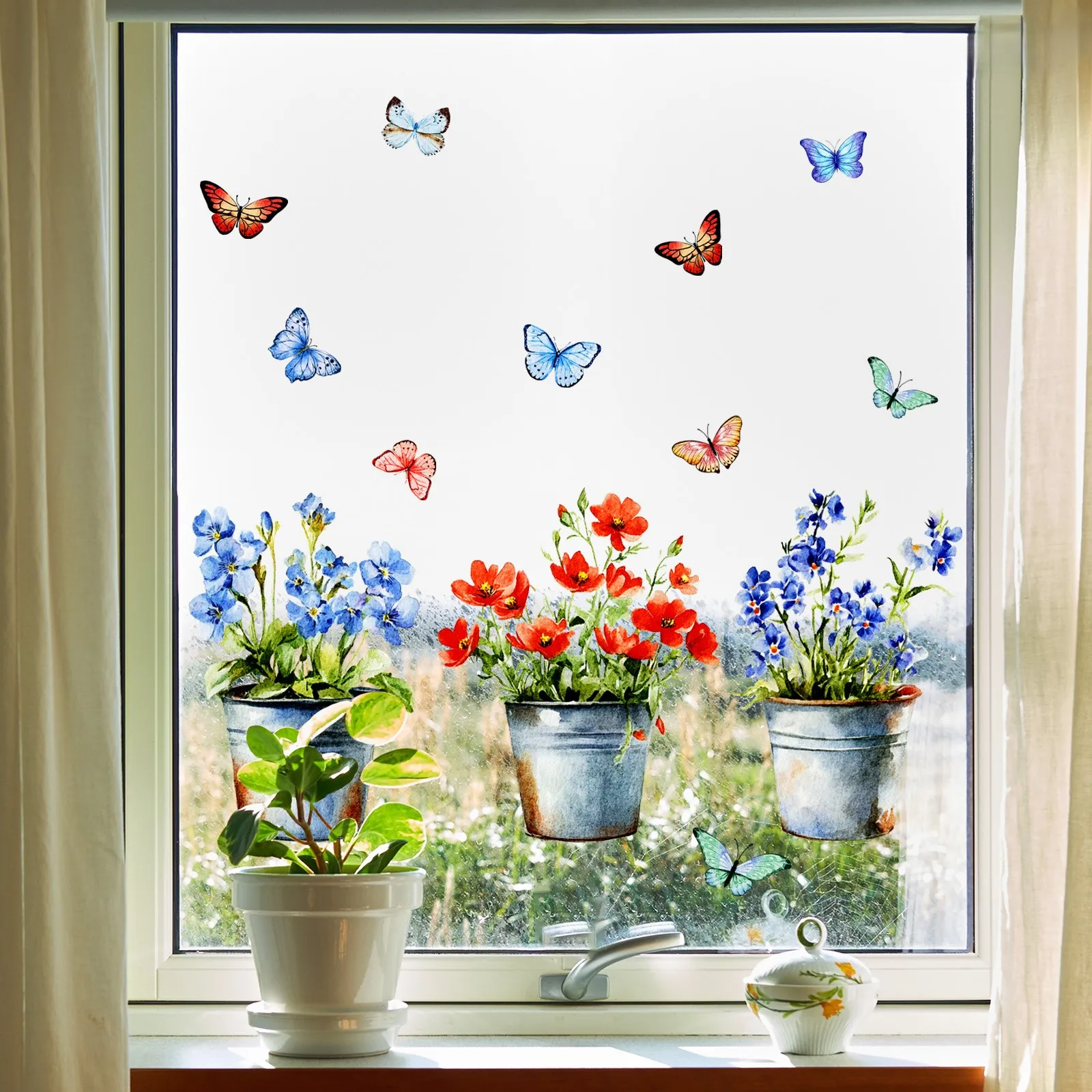 Doppelseitige Fensteraufkleber aus PVC, statisch haftende Blumen- und Schmetterlingsaufkleber, für Zuhause, Wohnzimmer, Schlafzimmer, Küche, Fensterdekoration