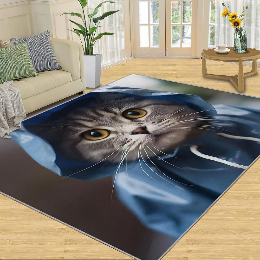 

8x10 Cat-Themed Rug, Blue Raincoat Cat Design, Durable Stain-Resistant Carpet for Living Spaces, Perfect for Cat Lovers' Home De