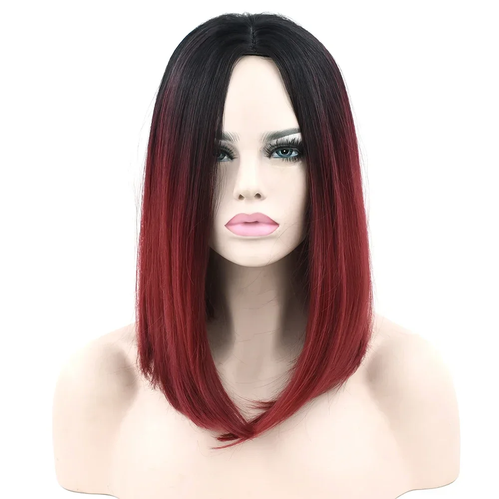 Synthetic Hair Black To Red Ombre Hair Short Bob Short Wigs Straight Hair Cosplay Wig for Women